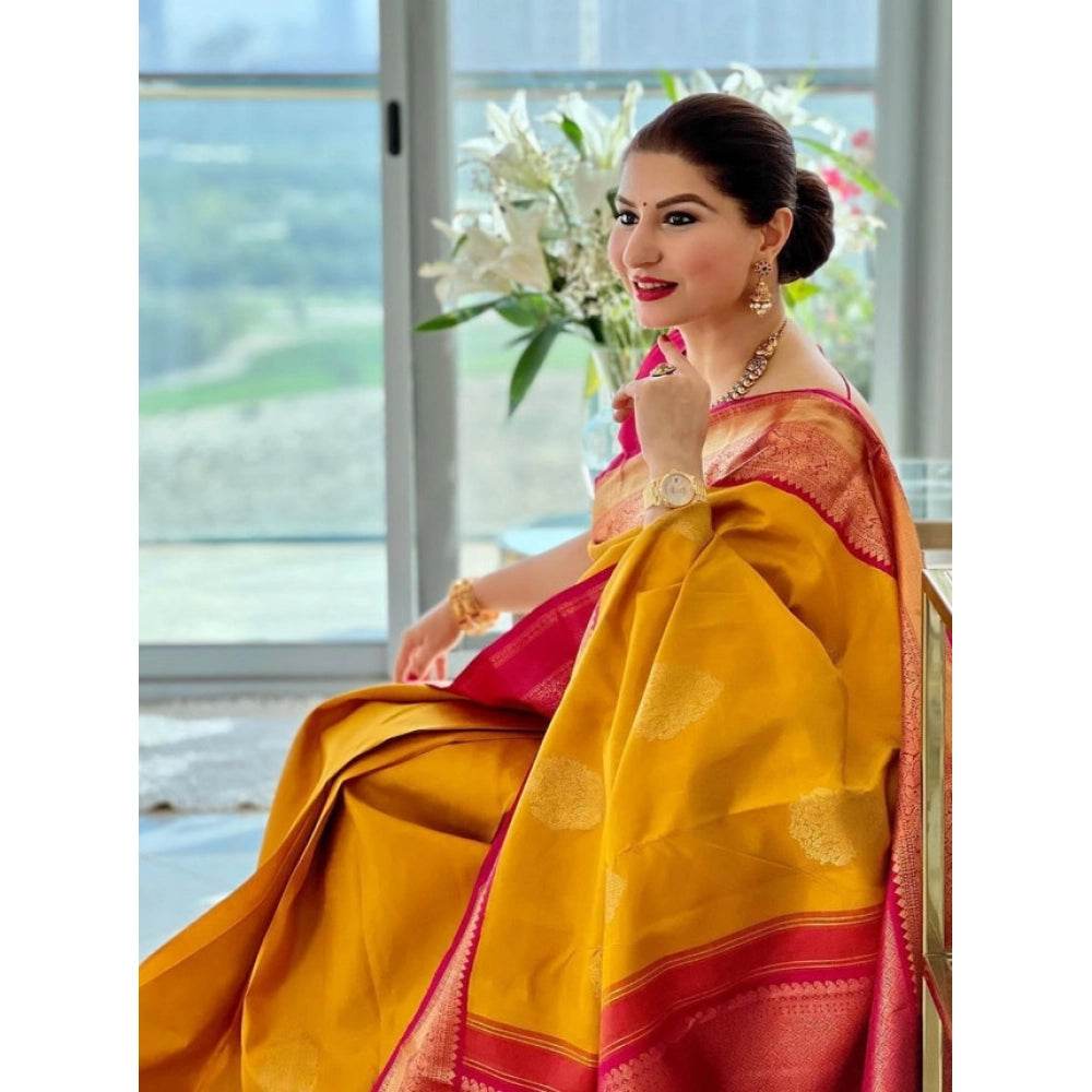 Generic Women's Litchi silk Printed Saree With Unstitched Blouse (Yellow) - MYLUXURY LANE ENTERPRISE