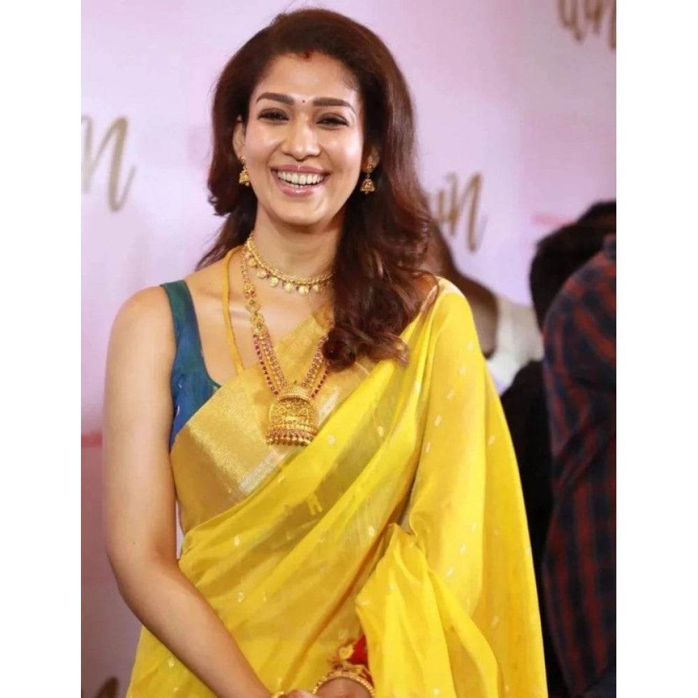 Generic Women's Litchi silk Printed Saree With Unstitched Blouse (Yellow) - MYLUXURY LANE ENTERPRISE