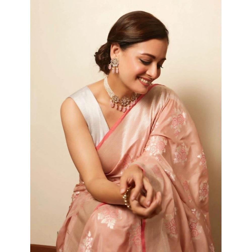 Generic Women's Litchi silk Printed Saree With Unstitched Blouse (Peach) - MYLUXURY LANE ENTERPRISE