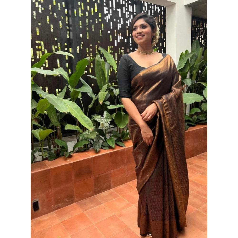 Generic Women's Litchi silk Printed Saree With Unstitched Blouse (Gold) - MYLUXURY LANE ENTERPRISE