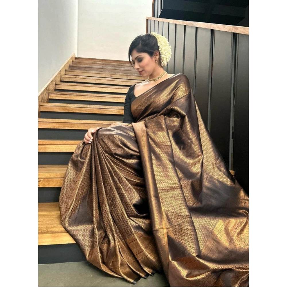 Generic Women's Litchi silk Printed Saree With Unstitched Blouse (Gold) - MYLUXURY LANE ENTERPRISE