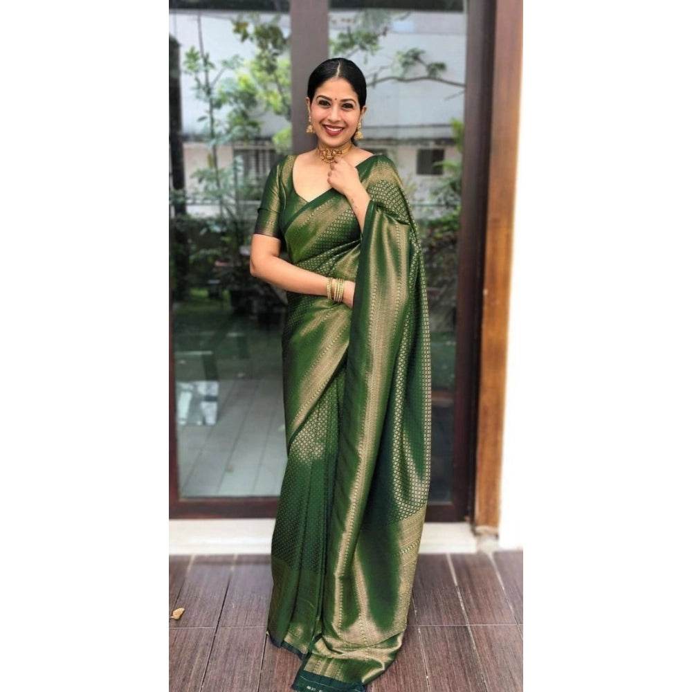 Generic Women's Litchi silk Printed Saree With Unstitched Blouse (Green) - MYLUXURY LANE ENTERPRISE