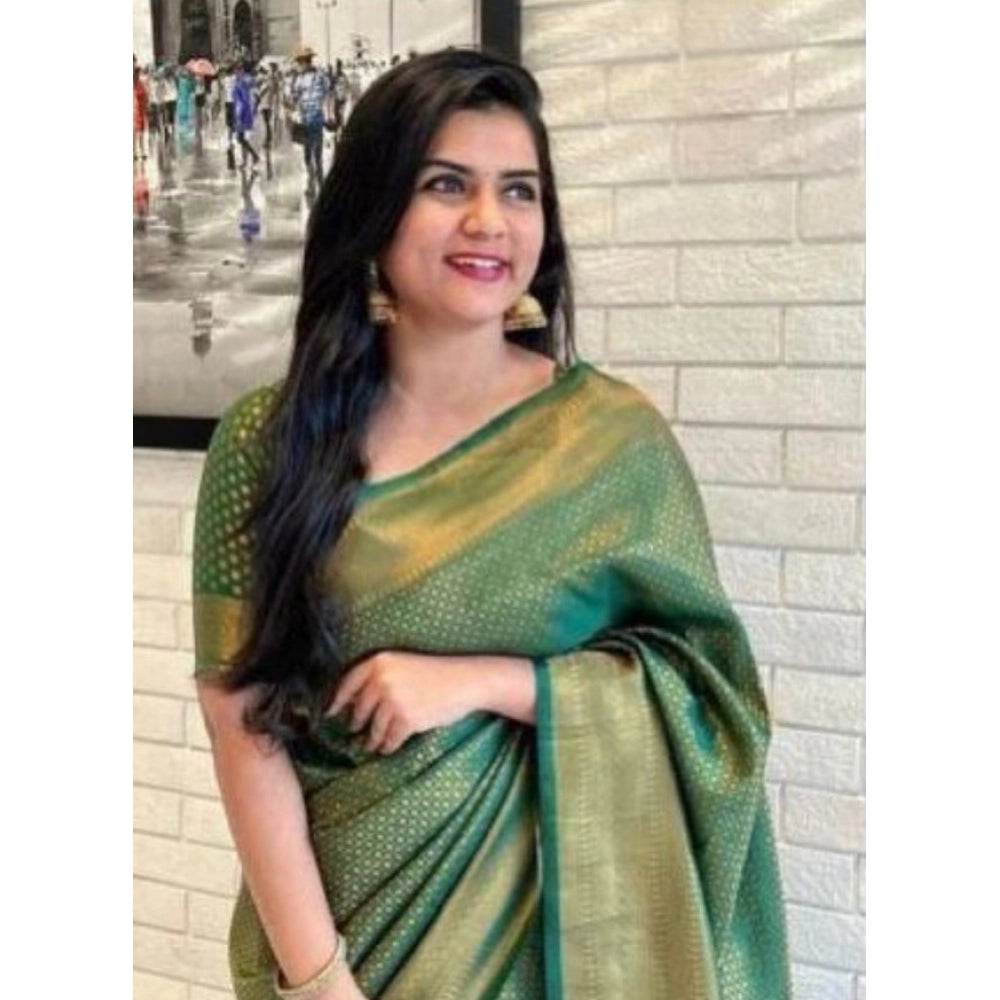Generic Women's Litchi silk Printed Saree With Unstitched Blouse (Green) - MYLUXURY LANE ENTERPRISE