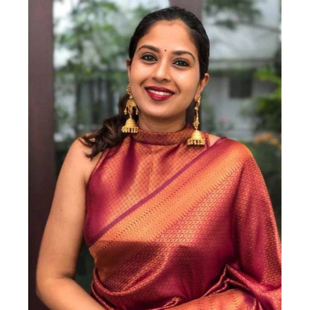 Generic Women's Litchi silk Printed Saree With Unstitched Blouse (Red) - MYLUXURY LANE ENTERPRISE