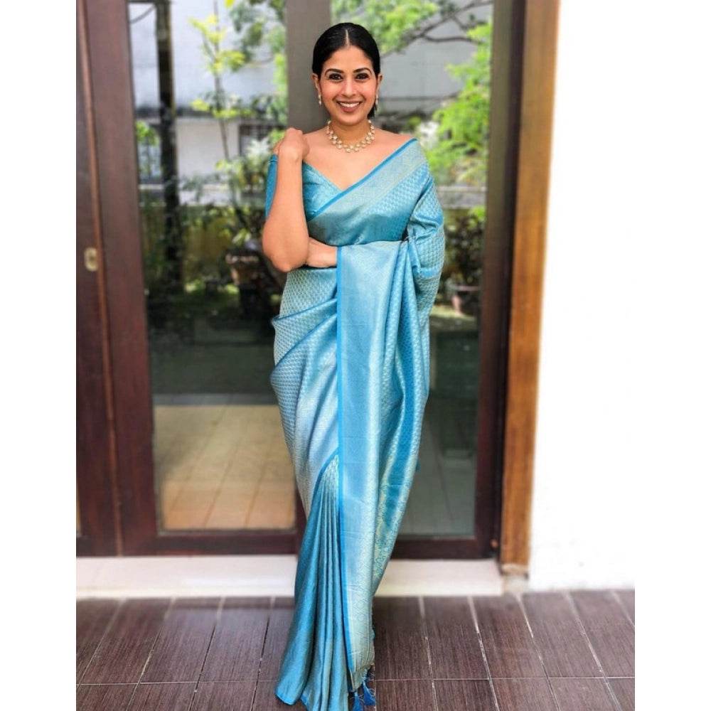 Generic Women's Litchi silk Printed Saree With Unstitched Blouse (Sky Blue) - MYLUXURY LANE ENTERPRISE