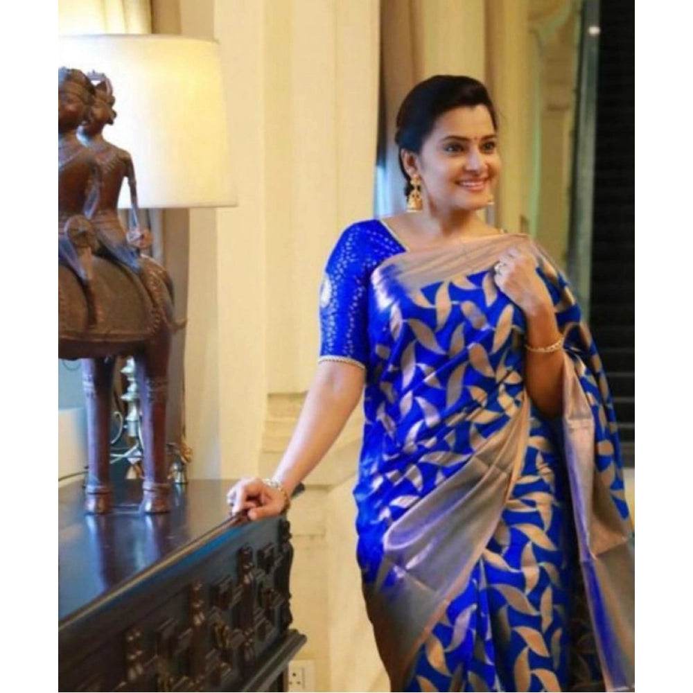 Generic Women's Litchi silk Printed Saree With Unstitched Blouse (Blue) - MYLUXURY LANE ENTERPRISE