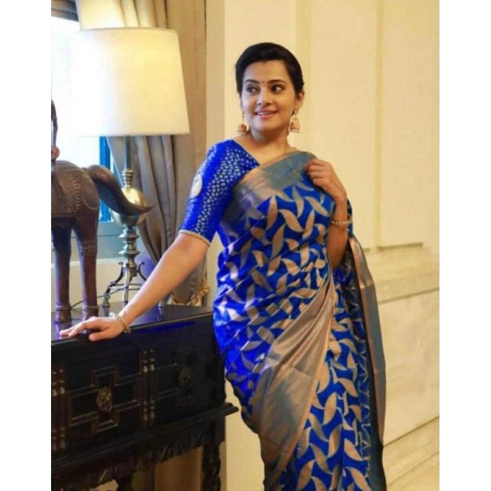 Generic Women's Litchi silk Printed Saree With Unstitched Blouse (Blue) - MYLUXURY LANE ENTERPRISE