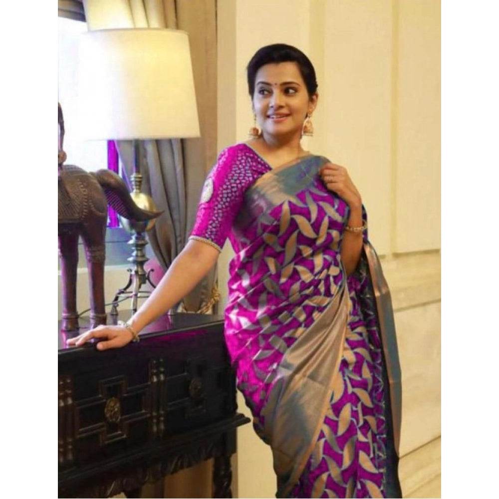 Generic Women's Litchi silk Printed Saree With Unstitched Blouse (Pink) - MYLUXURY LANE ENTERPRISE