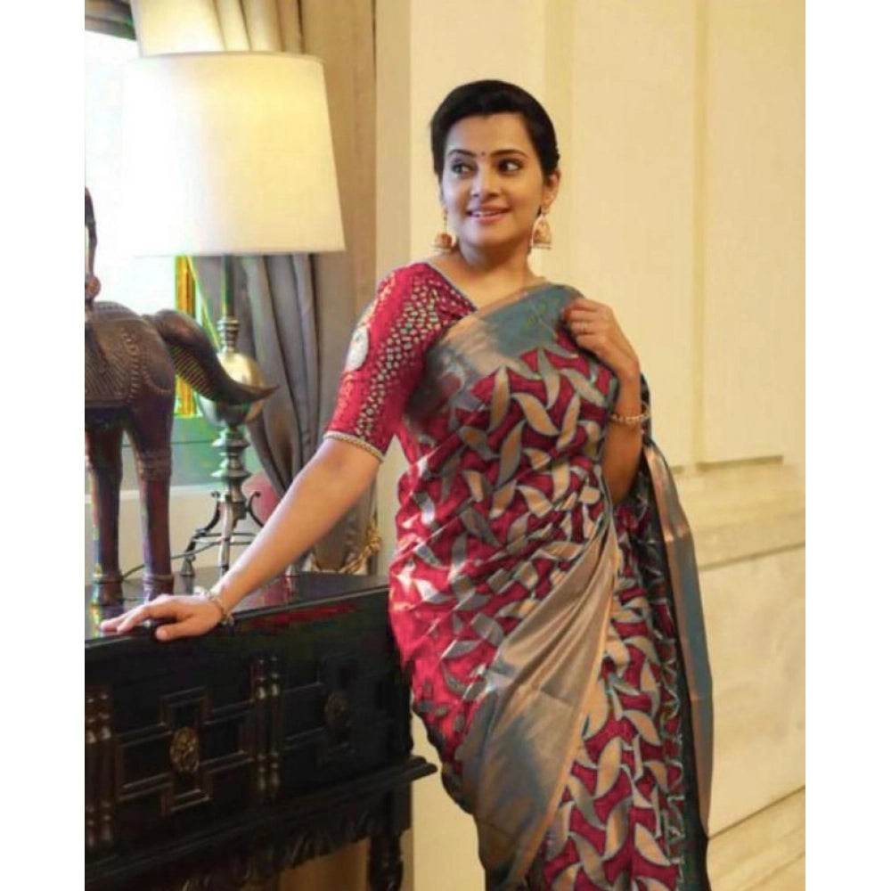 Generic Women's Litchi silk Printed Saree With Unstitched Blouse (Red) - MYLUXURY LANE ENTERPRISE