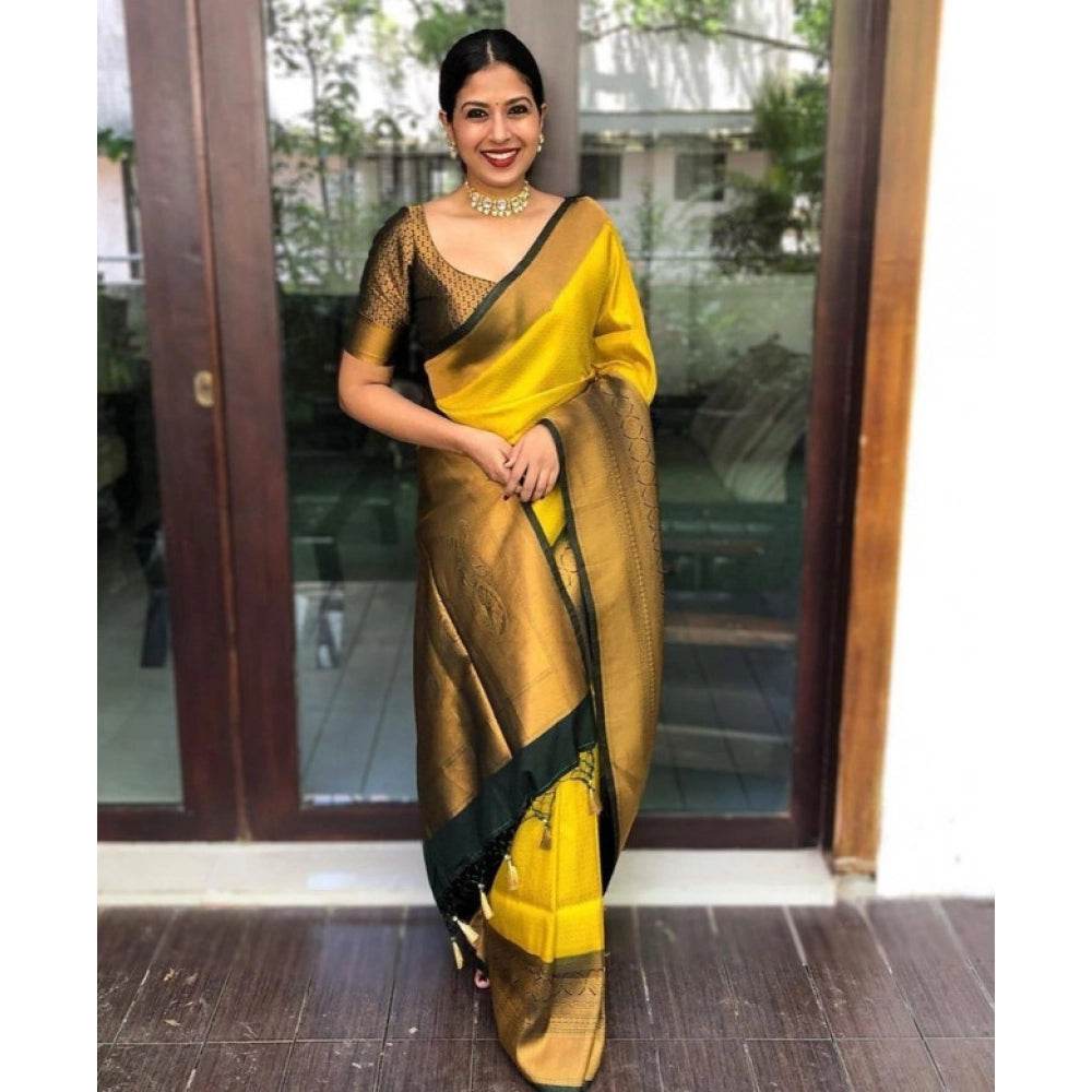 Generic Women's Litchi silk Printed Saree With Unstitched Blouse (Yellow) - MYLUXURY LANE ENTERPRISE