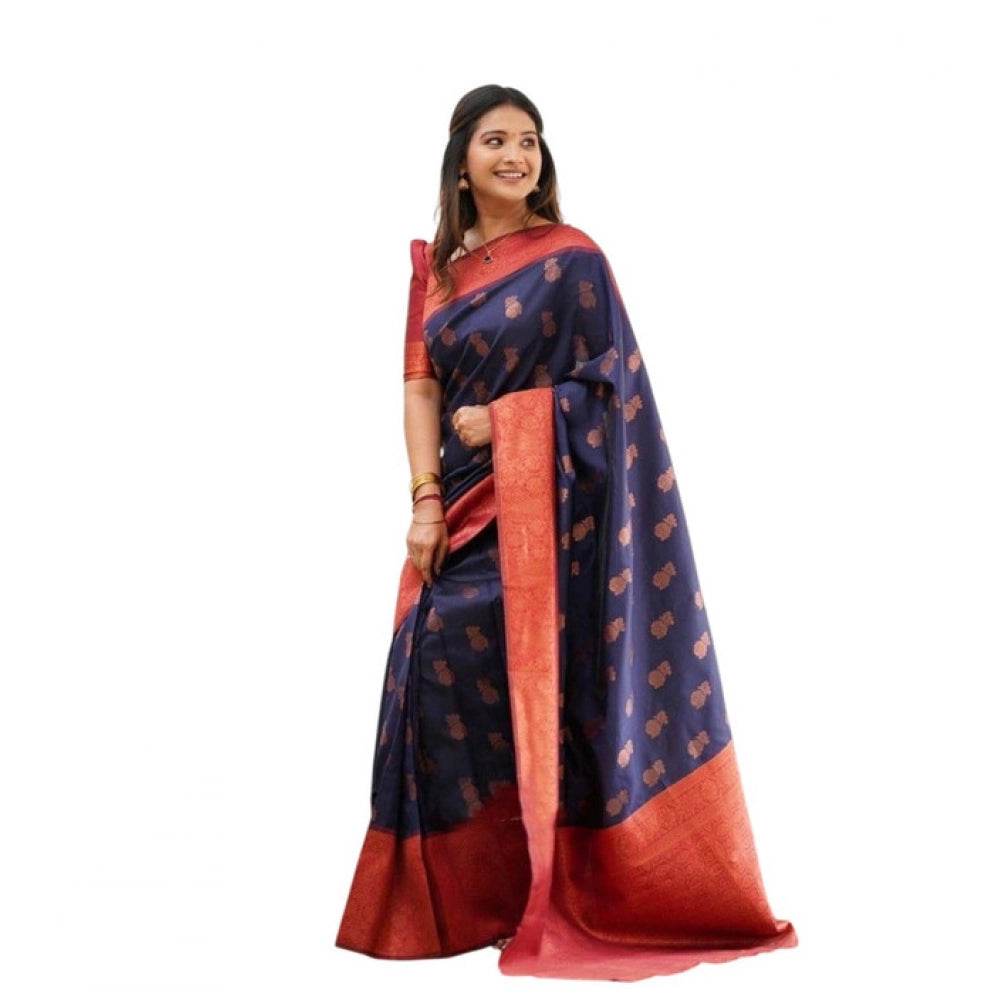 Generic Women's Litchi silk Printed Saree With Unstitched Blouse (Blue) - MYLUXURY LANE ENTERPRISE