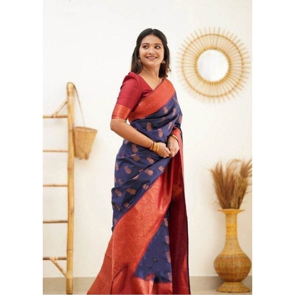 Generic Women's Litchi silk Printed Saree With Unstitched Blouse (Blue) - MYLUXURY LANE ENTERPRISE