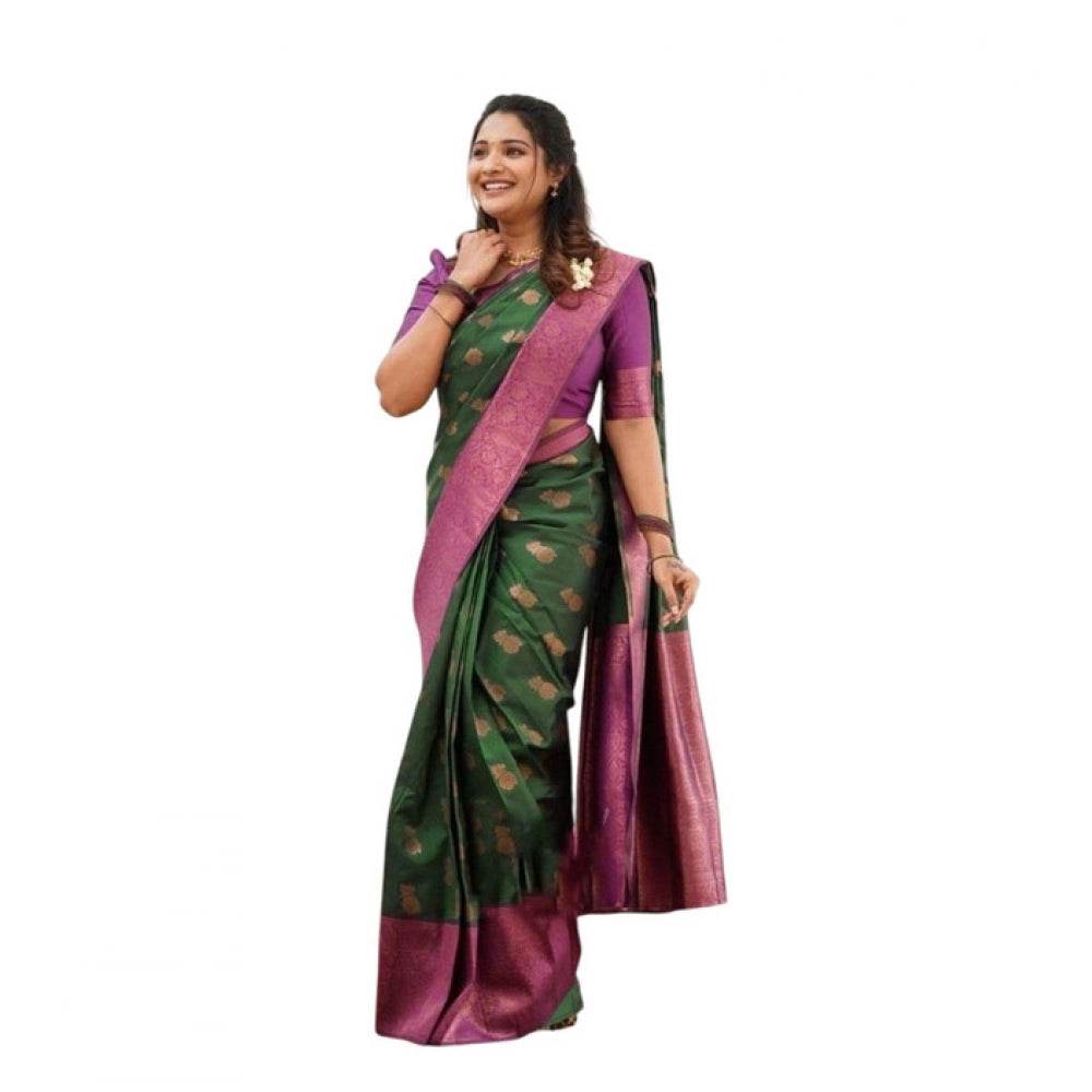 Generic Women's Litchi silk Printed Saree With Unstitched Blouse (Green) - MYLUXURY LANE ENTERPRISE