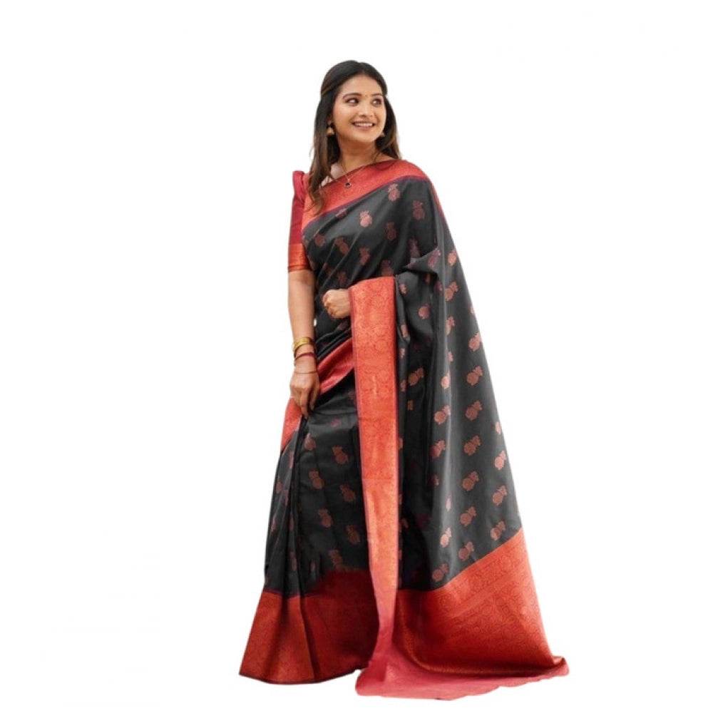 Generic Women's Litchi silk Printed Saree With Unstitched Blouse (Grey) - MYLUXURY LANE ENTERPRISE