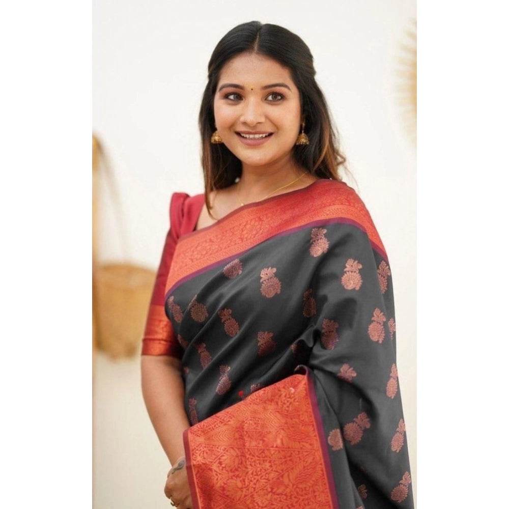 Generic Women's Litchi silk Printed Saree With Unstitched Blouse (Grey) - MYLUXURY LANE ENTERPRISE