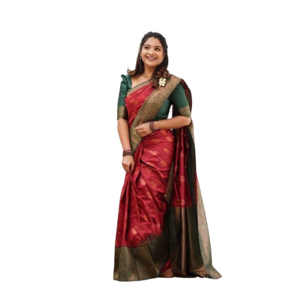 Generic Women's Litchi silk Printed Saree With Unstitched Blouse (Red) - MYLUXURY LANE ENTERPRISE