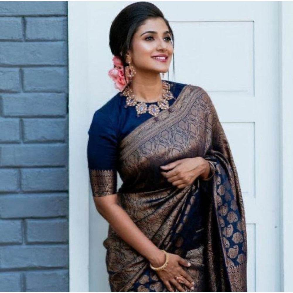 Generic Women's Litchi silk Printed Saree With Unstitched Blouse (Blue) - MYLUXURY LANE ENTERPRISE