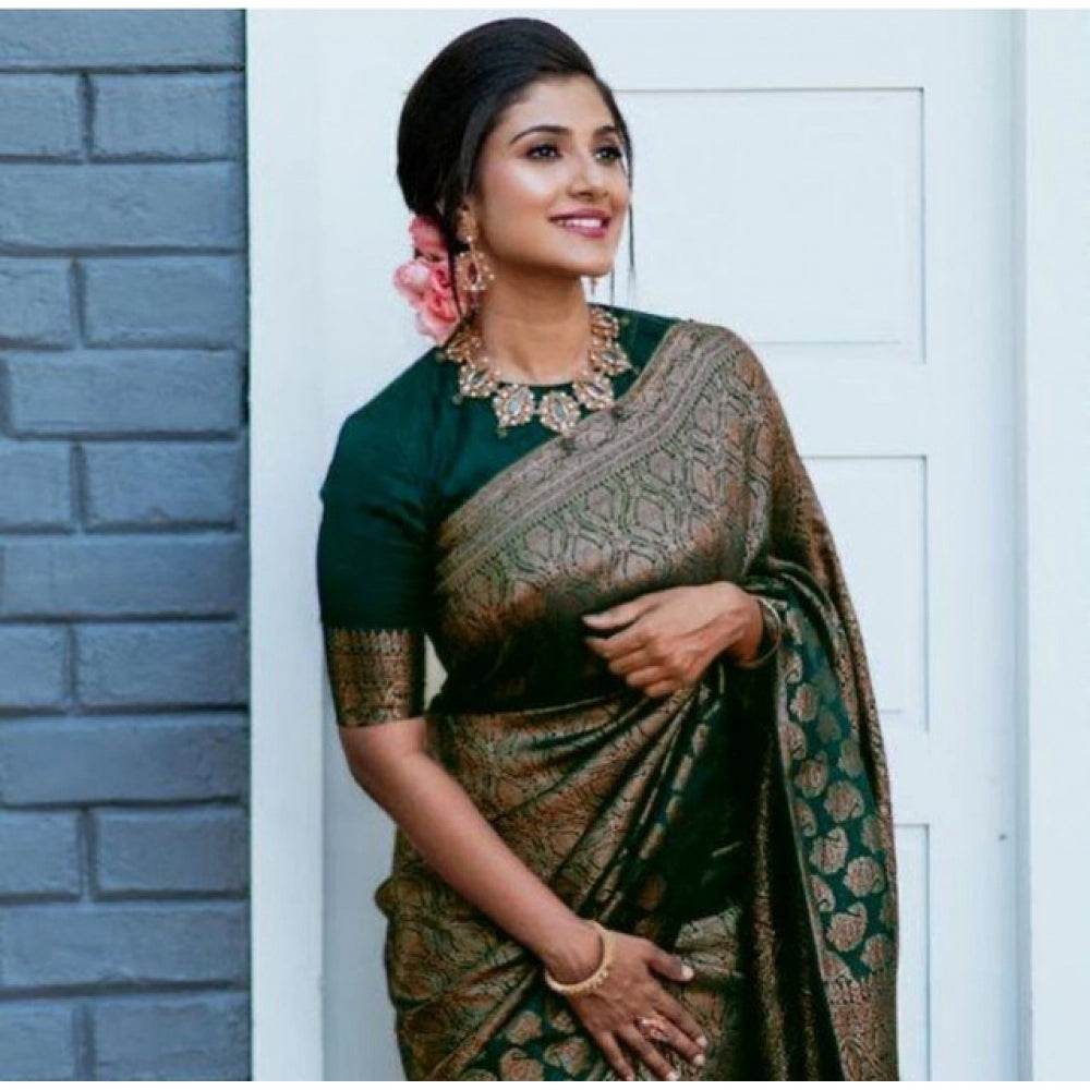 Generic Women's Litchi silk Printed Saree With Unstitched Blouse (Green) - MYLUXURY LANE ENTERPRISE