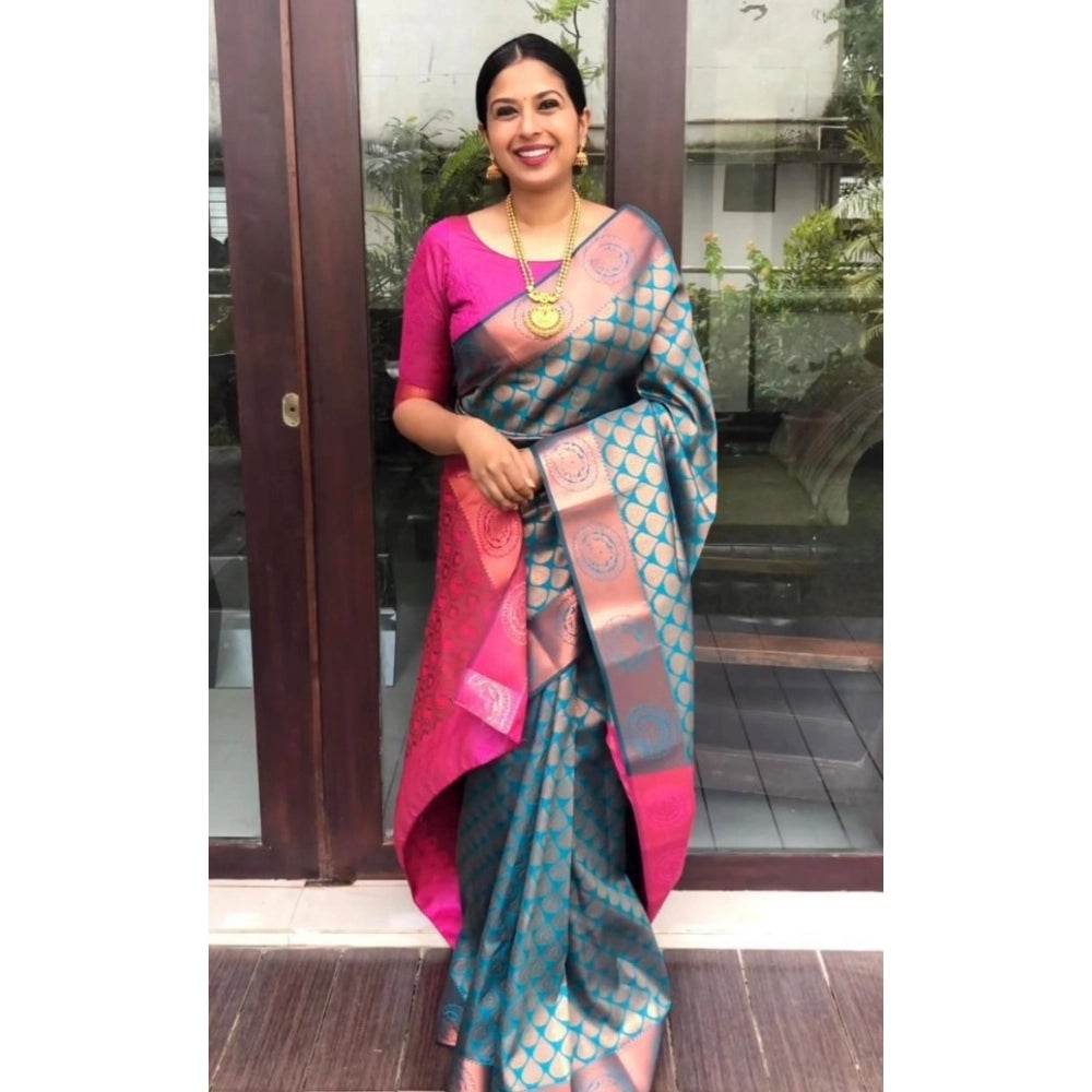 Generic Women's Litchi silk Printed Saree With Unstitched Blouse (Blue) - MYLUXURY LANE ENTERPRISE