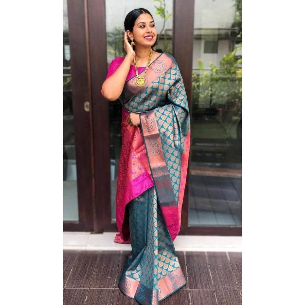 Generic Women's Litchi silk Printed Saree With Unstitched Blouse (Blue) - MYLUXURY LANE ENTERPRISE