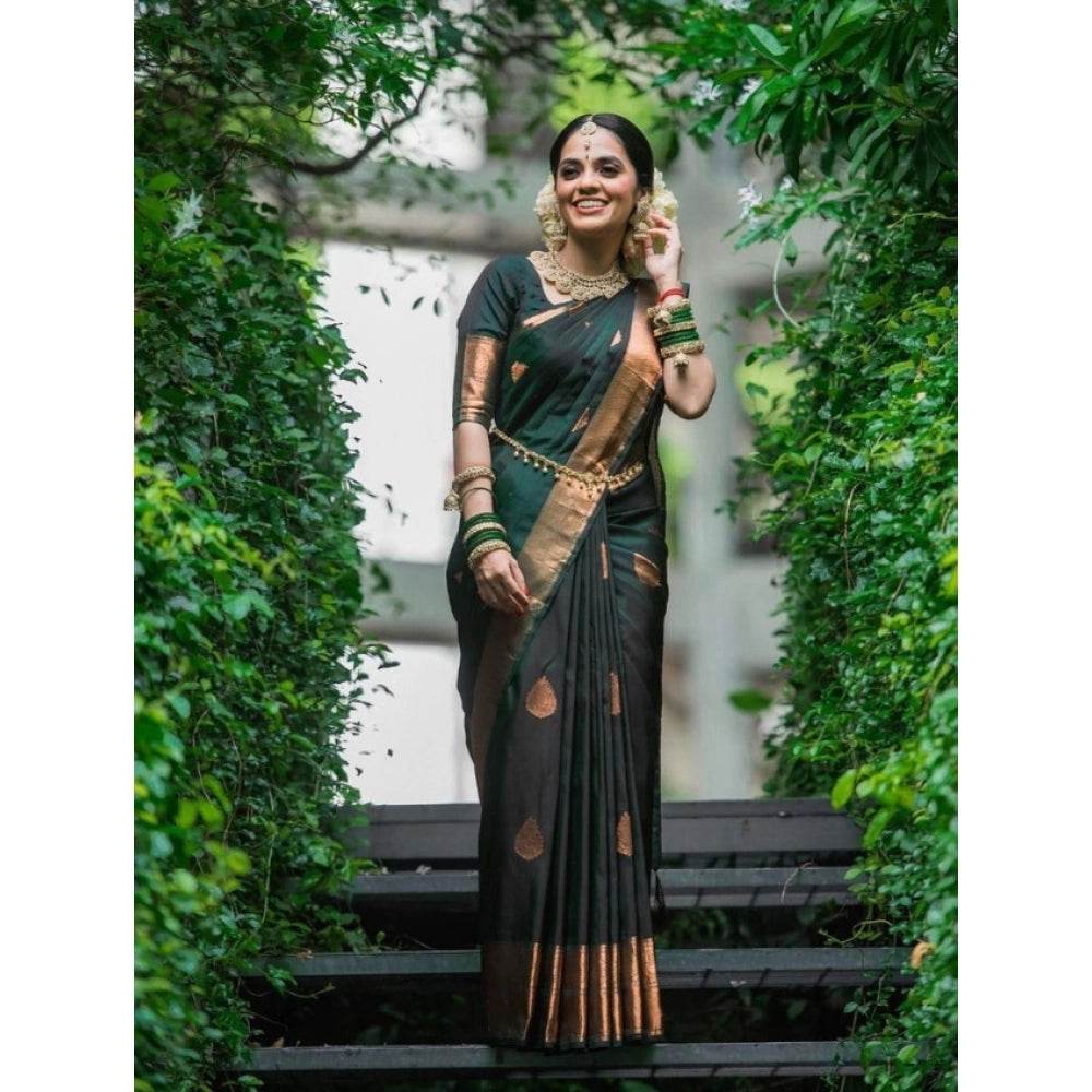 Generic Women's Litchi silk Printed Saree With Unstitched Blouse (Green) - MYLUXURY LANE ENTERPRISE