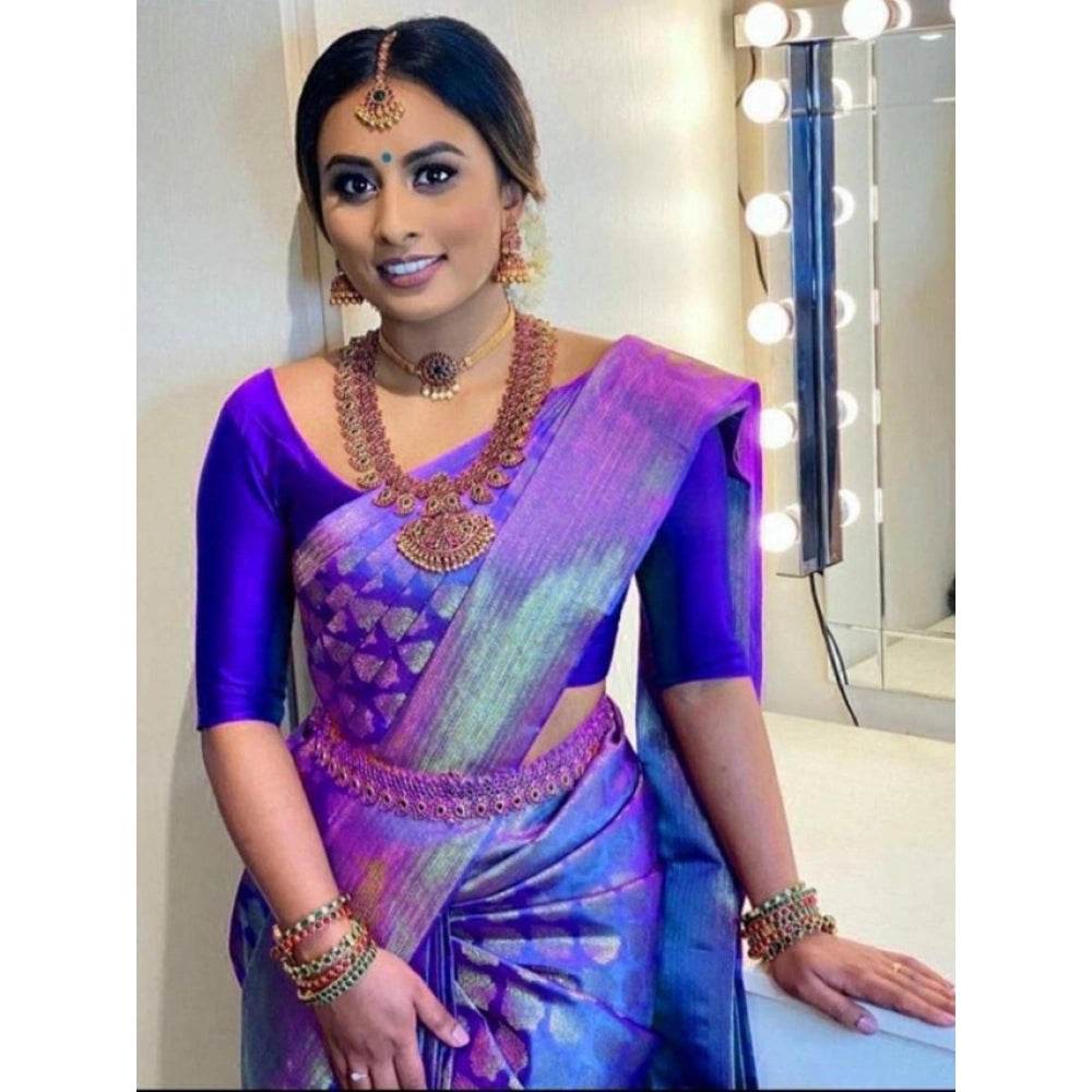 Generic Women's Litchi silk Printed Saree With Unstitched Blouse (Blue) - MYLUXURY LANE ENTERPRISE