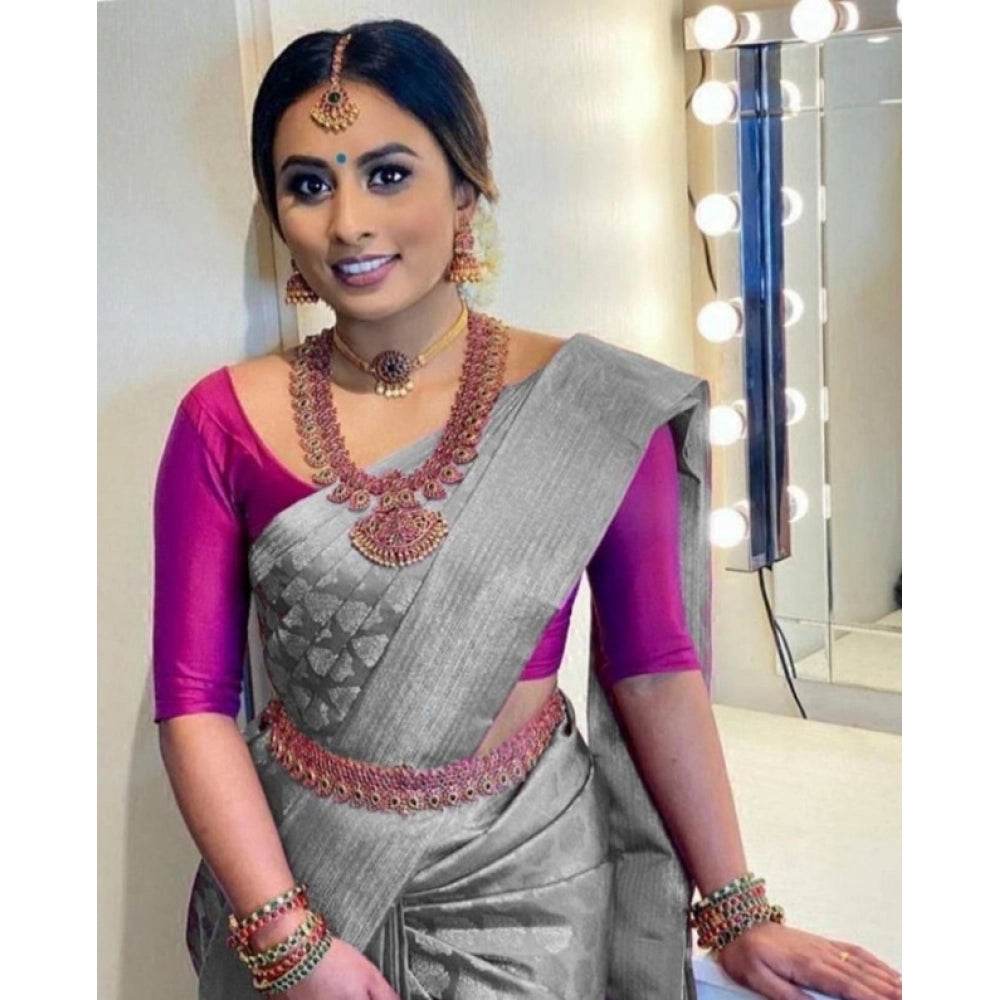 Generic Women's Litchi silk Printed Saree With Unstitched Blouse (Grey) - MYLUXURY LANE ENTERPRISE