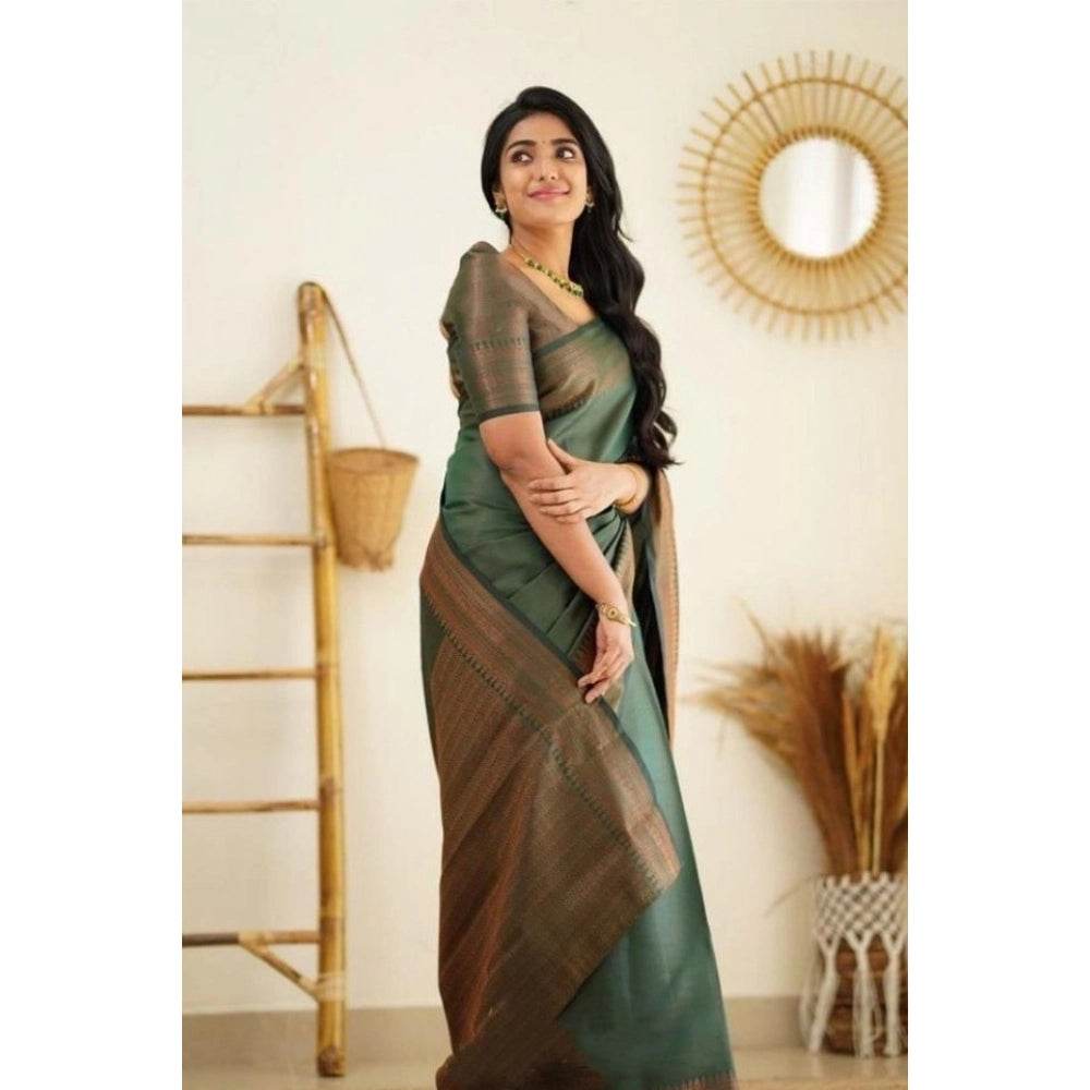 Generic Women's Litchi silk Printed Saree With Unstitched Blouse (Green) - MYLUXURY LANE ENTERPRISE