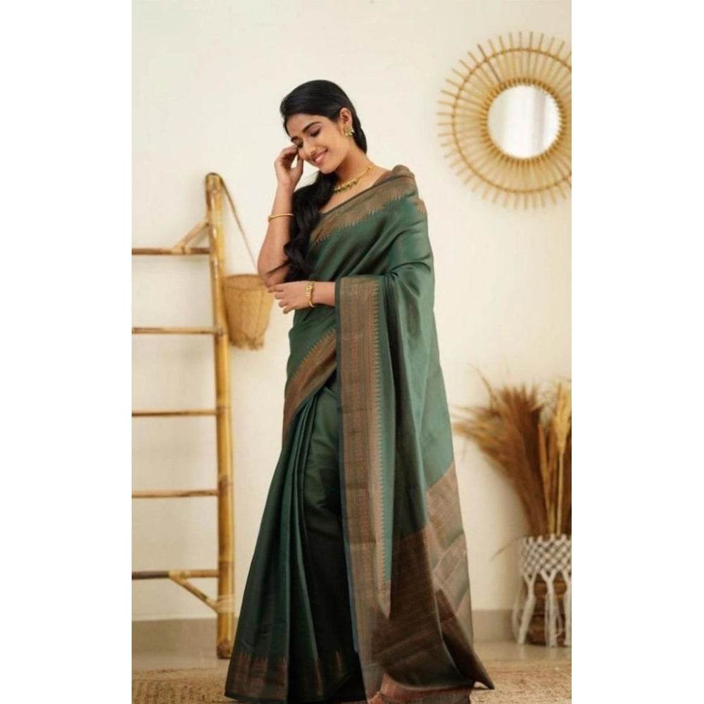 Generic Women's Litchi silk Printed Saree With Unstitched Blouse (Green) - MYLUXURY LANE ENTERPRISE
