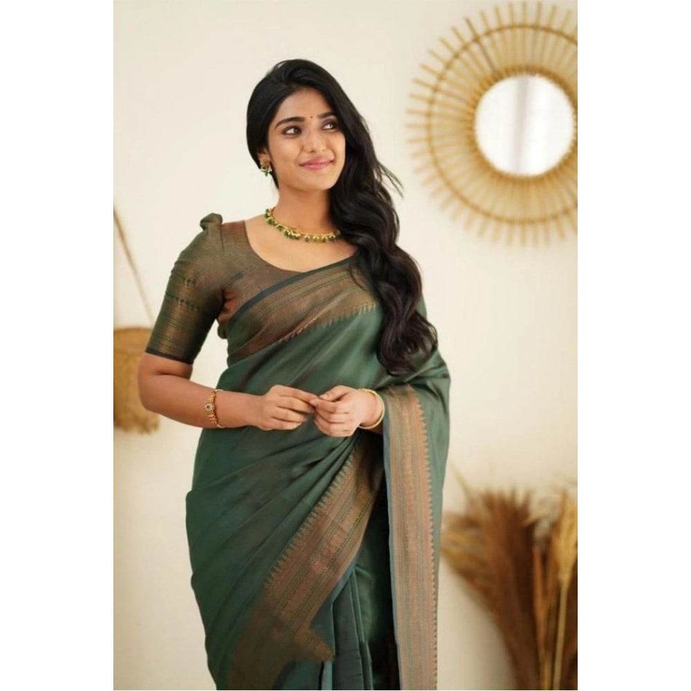Generic Women's Litchi silk Printed Saree With Unstitched Blouse (Green) - MYLUXURY LANE ENTERPRISE