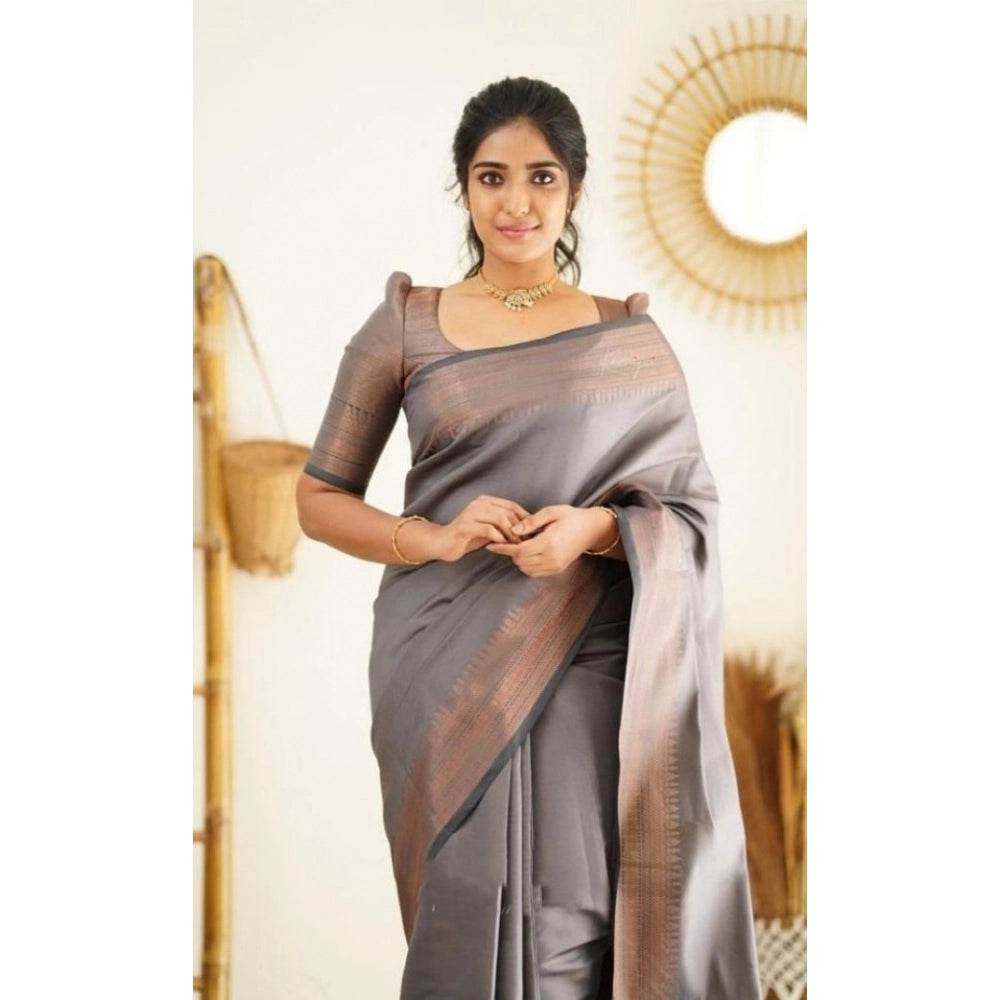 Generic Women's Litchi silk Printed Saree With Unstitched Blouse (Grey) - MYLUXURY LANE ENTERPRISE
