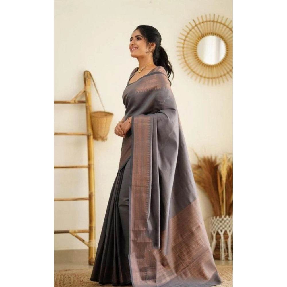 Generic Women's Litchi silk Printed Saree With Unstitched Blouse (Grey) - MYLUXURY LANE ENTERPRISE