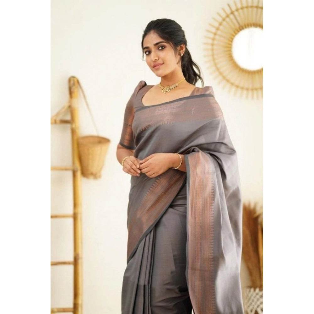 Generic Women's Litchi silk Printed Saree With Unstitched Blouse (Grey) - MYLUXURY LANE ENTERPRISE