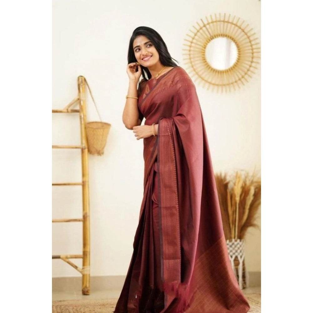 Generic Women's Litchi silk Printed Saree With Unstitched Blouse (Maroon) - MYLUXURY LANE ENTERPRISE