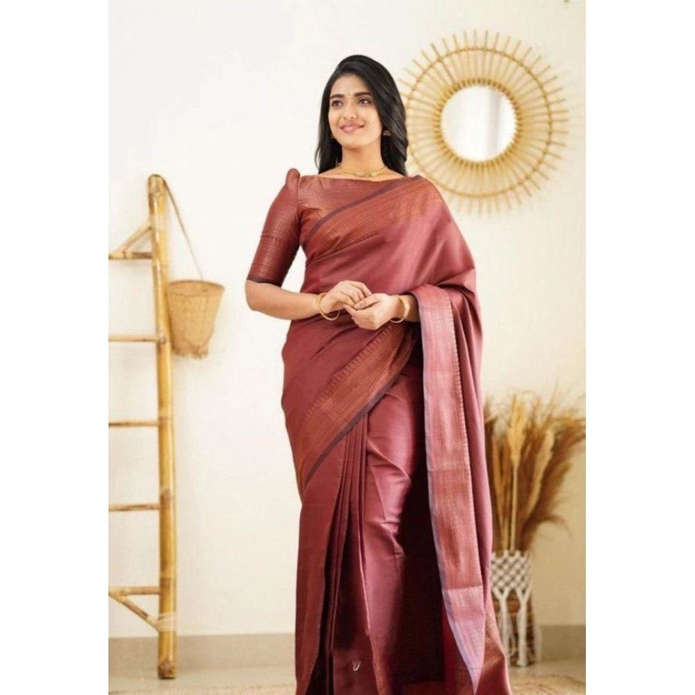 Generic Women's Litchi silk Printed Saree With Unstitched Blouse (Maroon) - MYLUXURY LANE ENTERPRISE