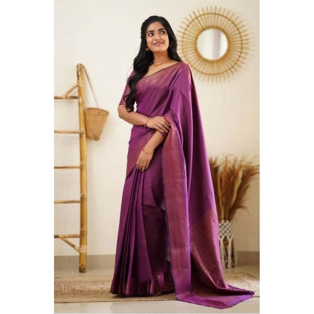Generic Women's Litchi silk Printed Saree With Unstitched Blouse (Purple) - MYLUXURY LANE ENTERPRISE