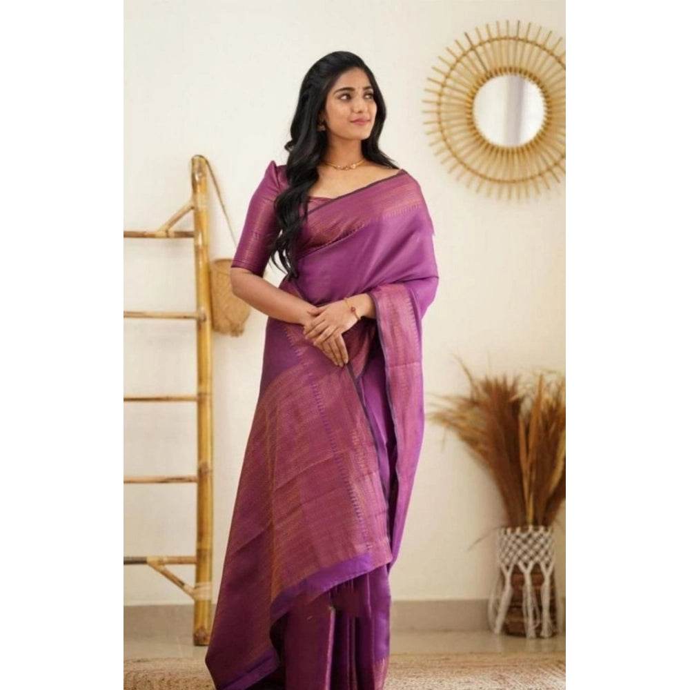 Generic Women's Litchi silk Printed Saree With Unstitched Blouse (Purple) - MYLUXURY LANE ENTERPRISE