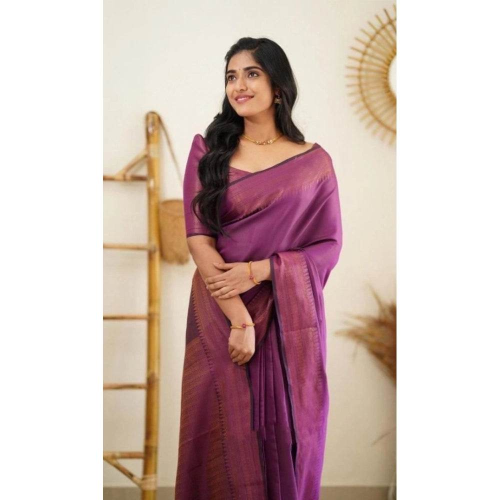 Generic Women's Litchi silk Printed Saree With Unstitched Blouse (Purple) - MYLUXURY LANE ENTERPRISE