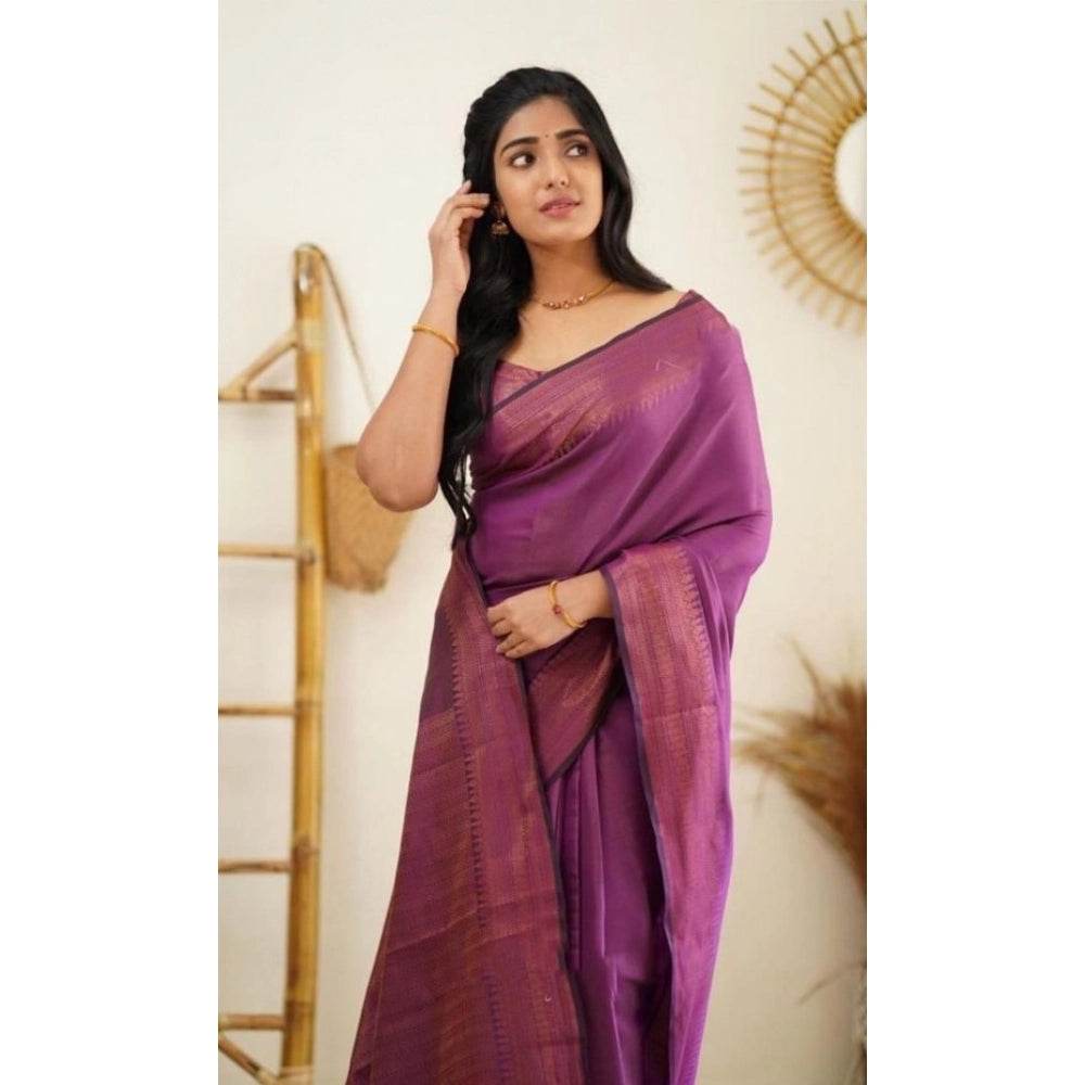 Generic Women's Litchi silk Printed Saree With Unstitched Blouse (Purple) - MYLUXURY LANE ENTERPRISE