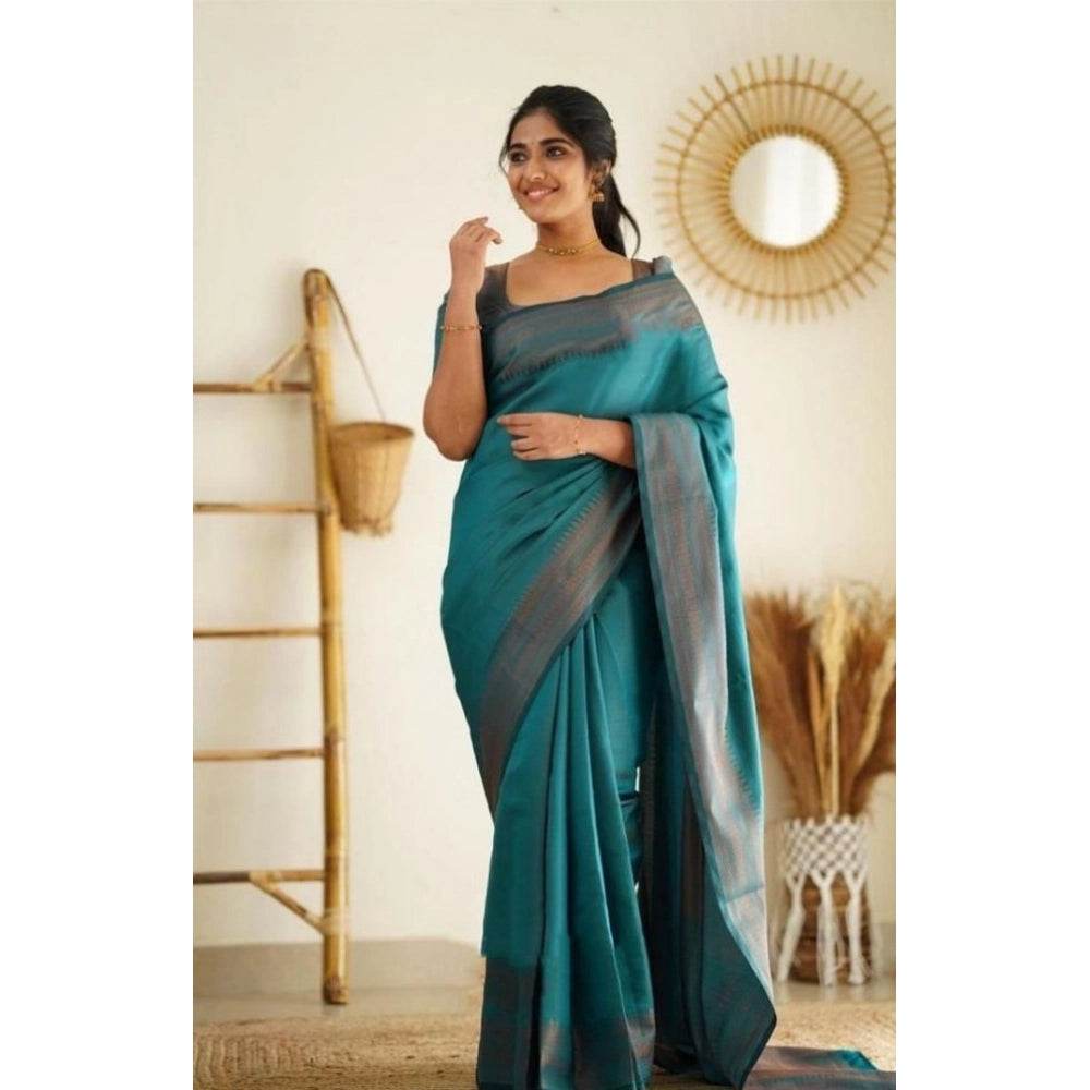 Generic Women's Litchi silk Printed Saree With Unstitched Blouse (Rama Blue) - MYLUXURY LANE ENTERPRISE