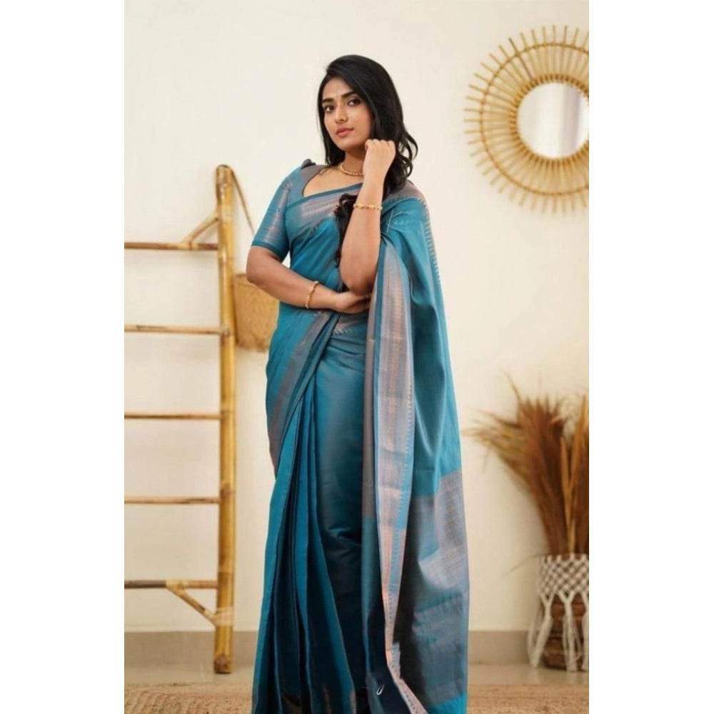 Generic Women's Litchi silk Printed Saree With Unstitched Blouse (Rama Blue) - MYLUXURY LANE ENTERPRISE
