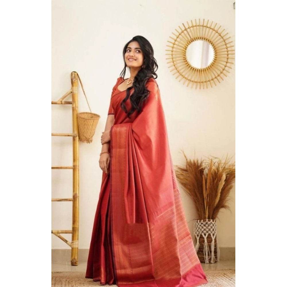 Generic Women's Litchi silk Printed Saree With Unstitched Blouse (Red) - MYLUXURY LANE ENTERPRISE