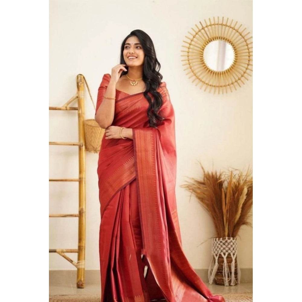 Generic Women's Litchi silk Printed Saree With Unstitched Blouse (Red) - MYLUXURY LANE ENTERPRISE