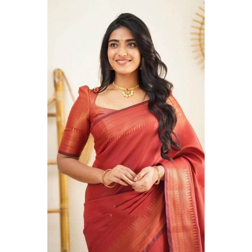 Generic Women's Litchi silk Printed Saree With Unstitched Blouse (Red) - MYLUXURY LANE ENTERPRISE