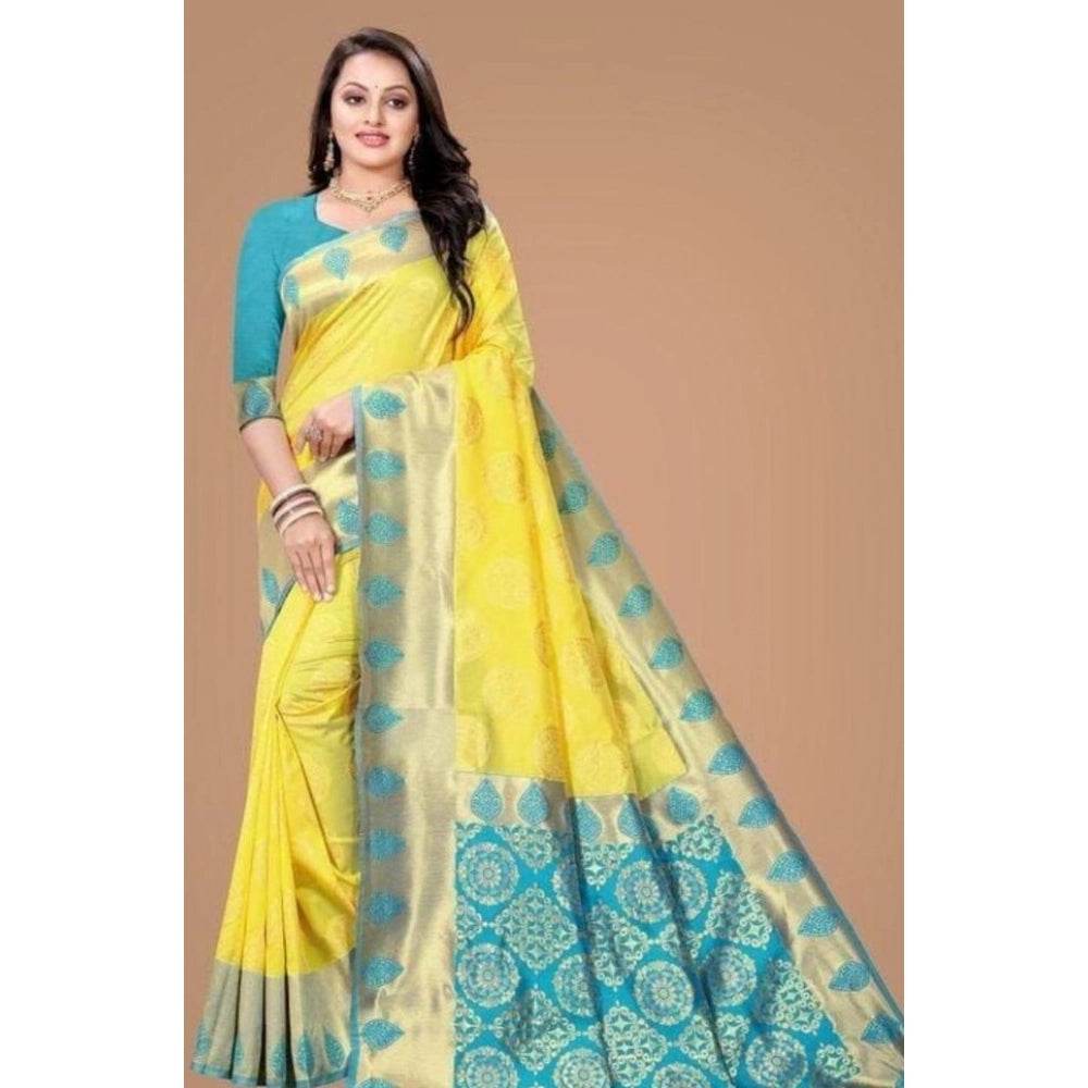 Generic Women's Litchi silk Printed Saree With Unstitched Blouse (Yellow) - MYLUXURY LANE ENTERPRISE