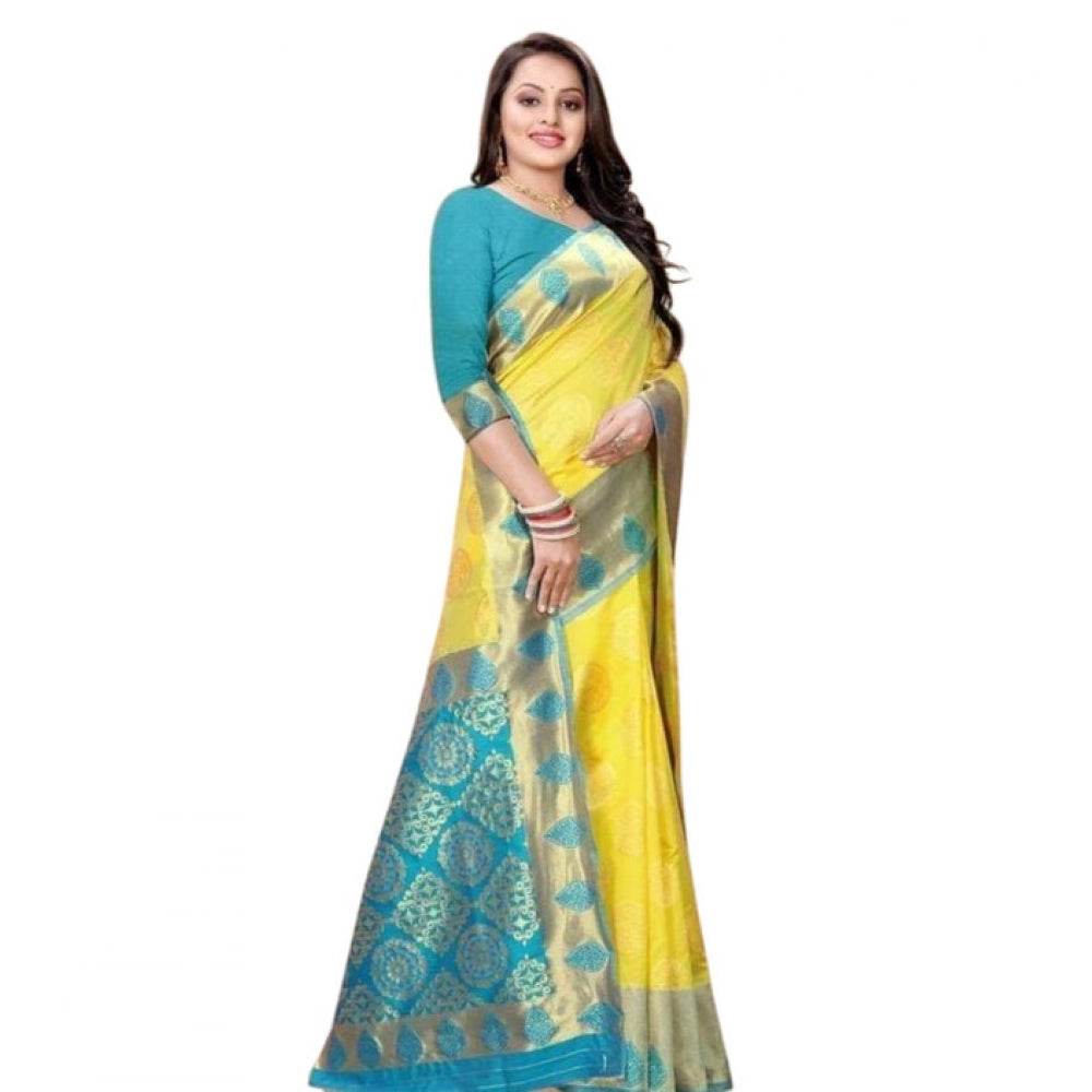 Generic Women's Litchi silk Printed Saree With Unstitched Blouse (Yellow) - MYLUXURY LANE ENTERPRISE