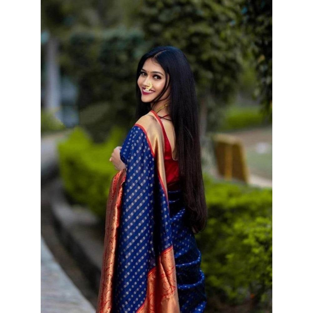 Generic Women's Litchi silk Printed Saree With Unstitched Blouse (Blue) - MYLUXURY LANE ENTERPRISE