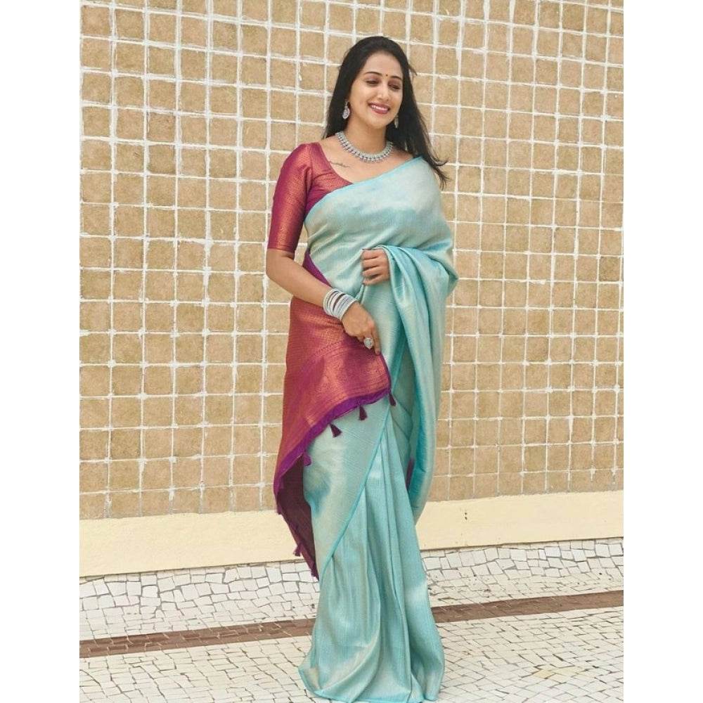 Generic Women's Litchi silk Printed Saree With Unstitched Blouse (Blue) - MYLUXURY LANE ENTERPRISE