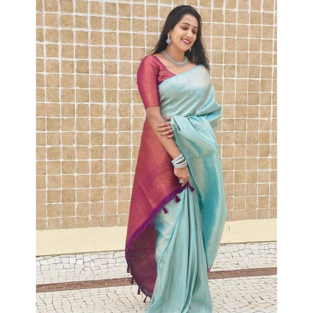 Generic Women's Litchi silk Printed Saree With Unstitched Blouse (Blue) - MYLUXURY LANE ENTERPRISE