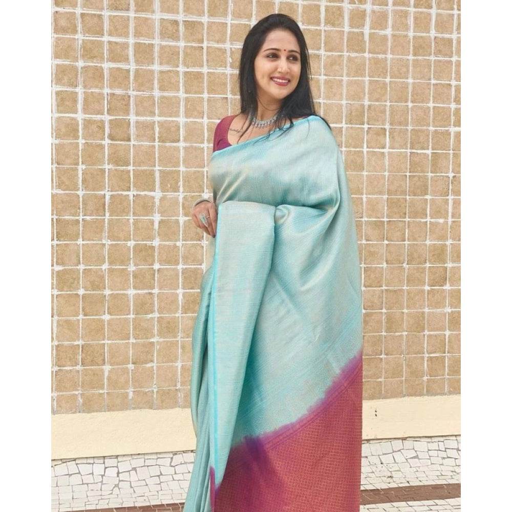 Generic Women's Litchi silk Printed Saree With Unstitched Blouse (Blue) - MYLUXURY LANE ENTERPRISE